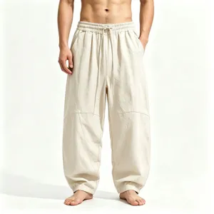 Men Chinese Style Casual Loose Fit Cotton Linen Wide Leg Pants Harem Drawstring Lightweight Summer Breathable Bottoms