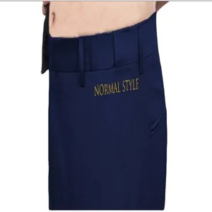 Men's slim fit straight casual suit trousers detail, solid dark blue, belt loops, pocket.