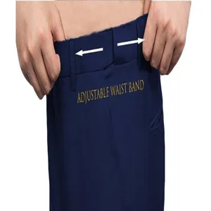 Close up detailed view of mens blue formal trousers adjustable waistband feature display