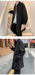 Detailed view of men's black loose single-breasted windbreaker, ideal for spring and autumn.