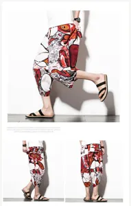 Detailed view of casual men printed linen cropped pants, featuring loose fit and ethnic style.