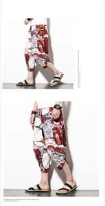 Men's ethnic floral linen cropped pants, casual loose summer 2024 fashion trousers new.