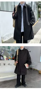 Mens long trench coat loose casual outerwear single breasted stylish spring autumn jacket