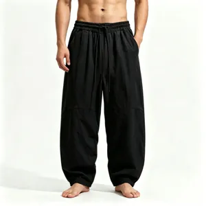 Men's solid color loose linen wide leg pants casual Chinese style harem trousers summer new