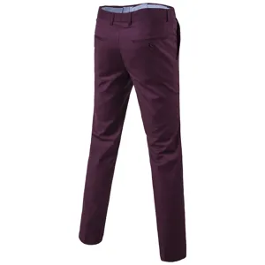 Detail view of men's slim fit purple casual dress pants showing back pocket and waist.