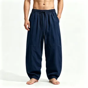 Men's solid color loose cotton linen wide leg casual harem trousers for summer daily wear