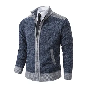 Gilet cardigan pull homme veste col montant fermeture eclair bleu gris detail vue neu