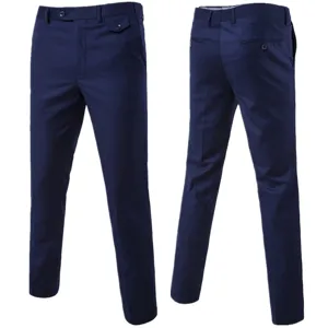 Men's navy blue slim fit business casual dress pants, front and back view detail display.