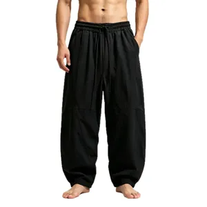 Men's casual loose cotton linen trousers Chinese style wide leg lantern pants black