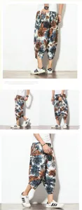 Men's summer floral linen cropped harem trousers casual Chinese style breathable pants