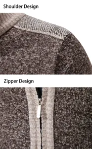 Détail de cardigan en tricot épais pour homme, col montant avec design de fermeture.