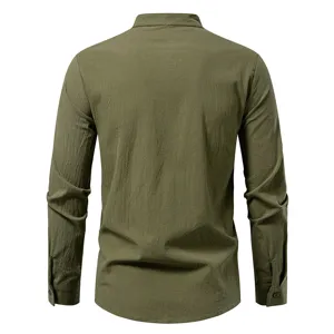 Heren katoen linnen lang mouw shirt effen kleur achterkant detail mode kleding stijl