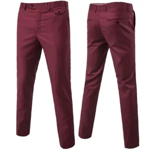 Men's burgundy slim fit dress trousers business casual solid color pants straight leg