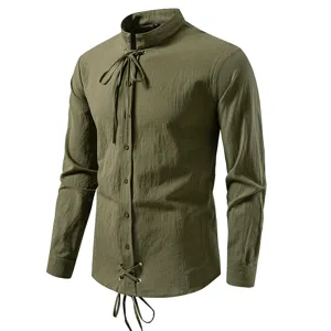 Heren middeleeuwse piraat trekkoord katoen linnen opstaande kraag casual shirt