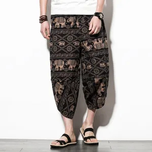 Ethnic elephant print men cropped linen trousers detail view casual loose trousers