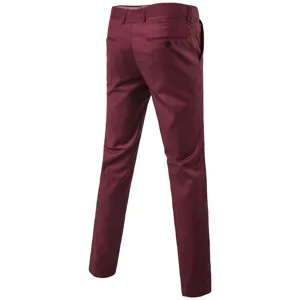 Detailed back view of men's burgundy slim fit casual dress trousers featuring pocket design.