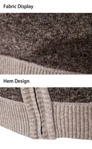 Vue détaillée d'un pull en tricot pour homme avec tissu brun texturé et ourlet côtelé.