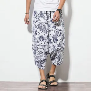Men Chinese Style Floral Cropped Harem Pants Summer Casual Loose Linen Trousers New