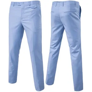 Men light blue slim suit trousers front and back view detail casual business pants