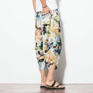 Men casual floral linen cropped trousers, loose harem pants, ethnic style summer beach wear.