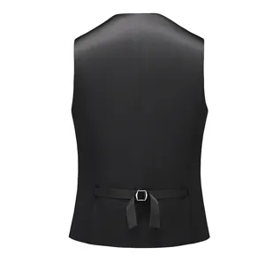Back view of men's black suit vest showing adjustable strap and metal buckle detail.
