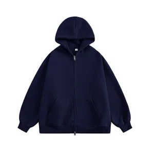 Detailed view of mens vintage zip up hoodie in dark blue, casual loose fit long sleeve athletic top.