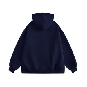 Detailed back view of a solid dark blue men's hooded sweatshirt, casual and comfortable fit.