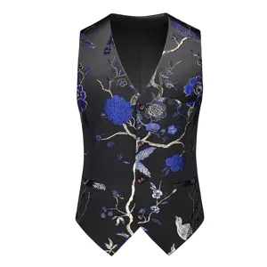 Men's slim fit floral embroidered suit vest, elegant single breasted formal waistcoat for party.