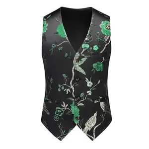 Men's fashion slim fit suit vest with green floral bird embroidery business waistcoat