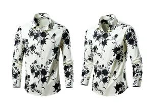 Detail view of men's casual long sleeve shirt featuring a stylish black and white floral print.