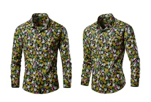 Detailed view of mens long sleeve casual shirt featuring vibrant tropical botanical leaf print pattern.