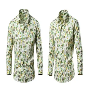 Men's long sleeve casual botanical leaf print shirt, stylish button-down floral top for autumn.