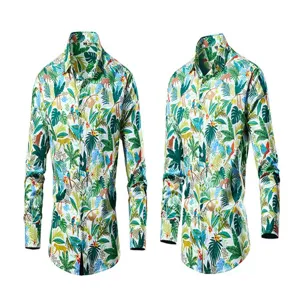 Men's long sleeve button down shirt featuring a vibrant tropical jungle animal print design.