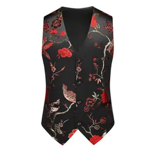 Men's Fashion Slim Fit Floral Suit Vest Casual Business Evening Waistcoat Black Red