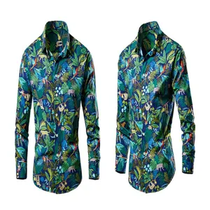 Detailed view of men's long sleeve tropical jungle print casual shirt with lapel collar.