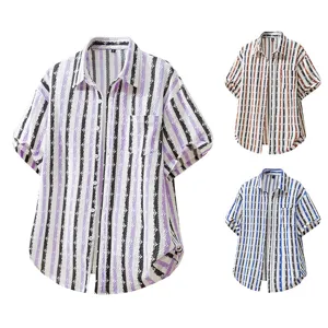 Heren zomer casual gebreid gestreept kort mouw shirt met revers kraag en borstzak.