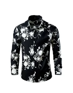 Men's Fashion Floral Print Long Sleeve Shirt Casual Korean Style Lapel Button Up Top Polyester Cotton Blend Men Clothing