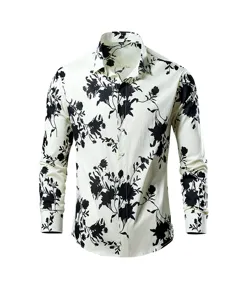 Detail view of mens casual floral long sleeve shirt with classic collar and button-up front.