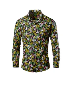 Men long sleeve casual shirt featuring colorful tropical leaf print, turn-down collar and buttons.