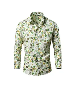 Men's casual long sleeve botanical leaf print shirt for fashionable daily wear and outdoor.