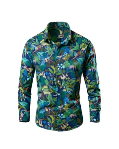Detailed view of men long sleeve tropical jungle print casual shirt collar and buttons.