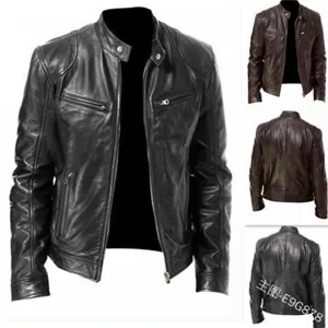 Herren Freizeit PU Lederjacke Slim Fit Stehkragen Reißverschluss Übergangsjacke