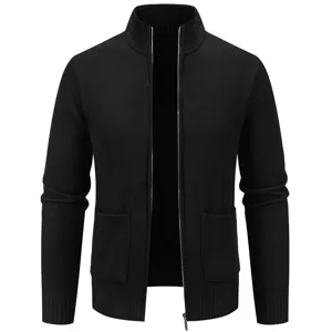 Men's black zip-up stand collar knitted cardigan casual sweater with front pockets.