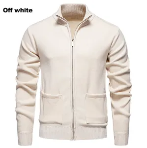 Men's stand collar zip up knitted cardigan sweater casual solid color outerwear detail