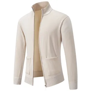 Detailed view of the men's stand-up collar knitted cardigan with front zipper and pockets.
