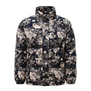 Giacca imbottita floreale invernale da uomo, cappotto stampato vintage, caldo capospalla collo alto.