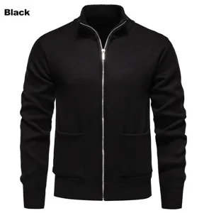 Detailed close-up view of a stylish black men's knit full-zip cardigan with a stand collar.
