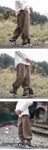 Pantalon cargo homme en molleton sherpa epais retro brode decontracte chaud