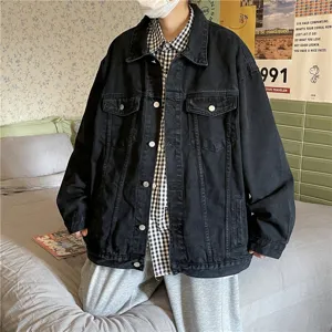 Veste en denim noir ample pour homme, vêtement d'extérieur vintage streetwear pour l'automne.