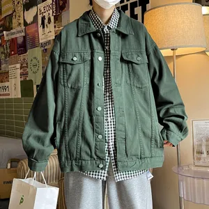 Veste en jean vert foncé coupe ample pour homme style rétro streetwear automne mode